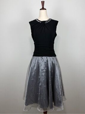 SLNY Black & Silver Pearl Beaded Dress